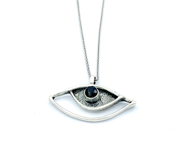 eye pendant, black spinel pendant, silver eye pendant with silver chain evil eye jewelry 