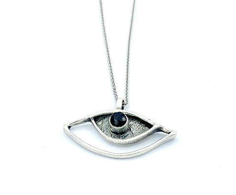 eye pendant, black spinel pendant, silver eye pendant with silver chain evil eye jewelry 
