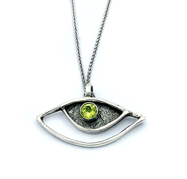 evil eye pendant, peridot pendant, silver eye pendant silver chain, eye jewelry 