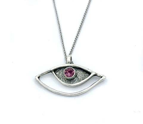 evil eye pendant, pink tourmaline pendant, silver eye pendant silver chain 