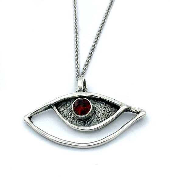 eye pendant, red garnet pendant, silver eye pendant silver chain, eye jewelry 