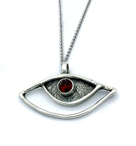 eye pendant, red garnet pendant, silver eye pendant silver chain, eye jewelry 