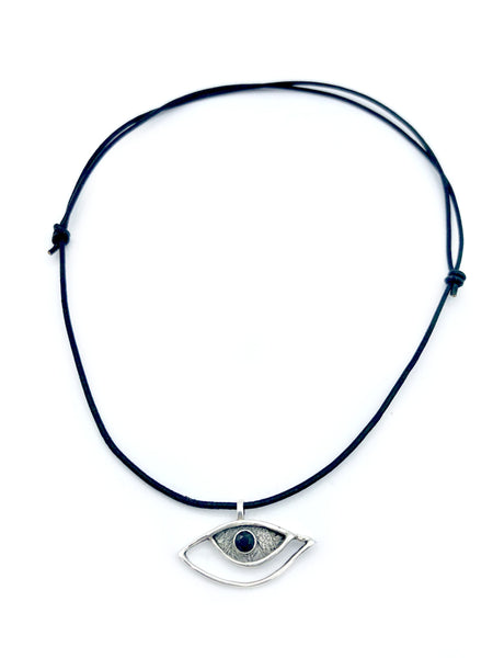 eye pendant, black spinel pendant, silver eye pendant with leather cord evil eye jewelry 