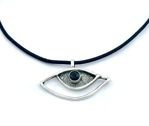 eye pendant, black spinel pendant, silver eye pendant with leather cord evil eye jewelry 