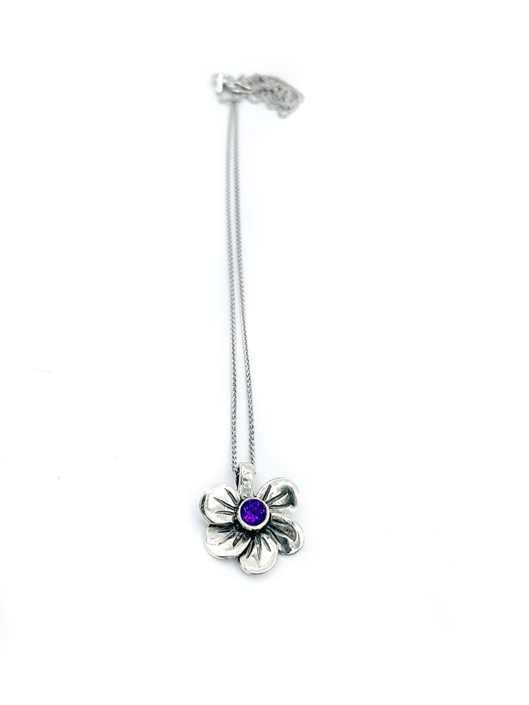 flower pendant, amethyst silver pendant, poppy flower pendant, silver chain 