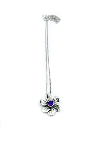 flower pendant, amethyst silver pendant, poppy flower pendant, silver chain 