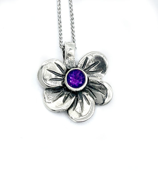 flower pendant, amethyst silver pendant, poppy flower pendant, silver chain 