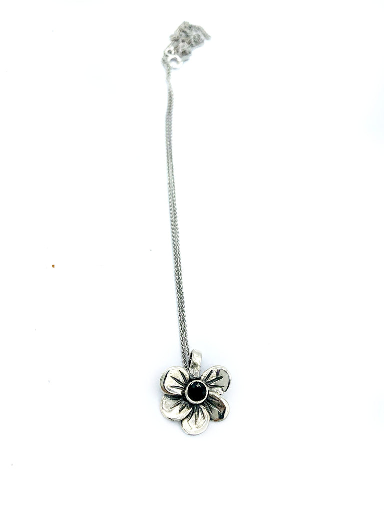 flower pendant, black spinel silver pendant, poppy flower pendant, silver chain 