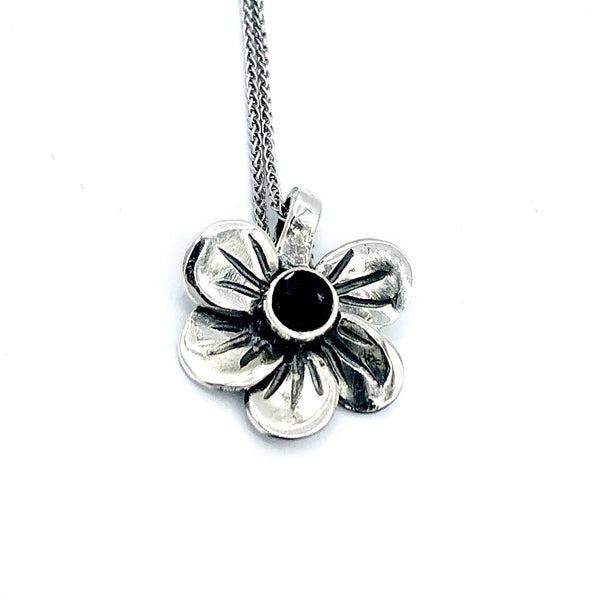 flower pendant, black spinel silver pendant, poppy flower pendant, silver chain 