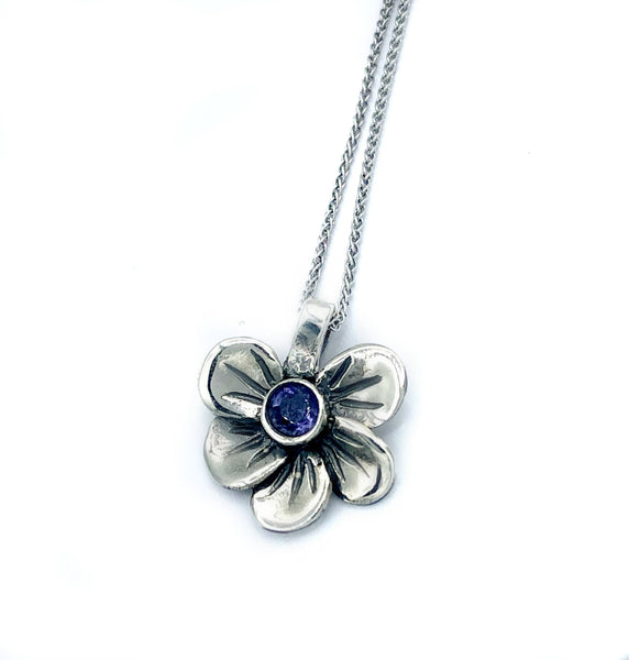 flower pendant, blue iolite silver pendant, poppy flower pendant, silver chain 