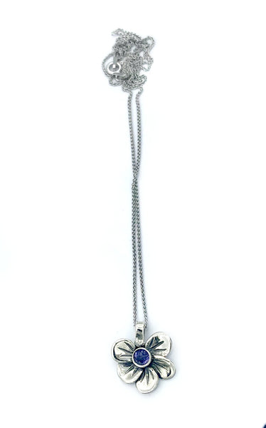 flower pendant, blue iolite silver pendant, poppy flower pendant, silver chain 