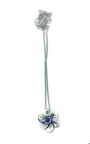 flower pendant, blue iolite silver pendant, poppy flower pendant, silver chain 