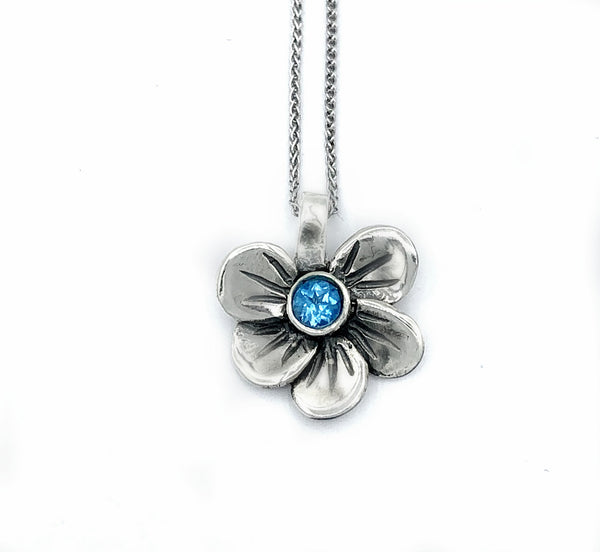 flower pendant, blue topaz silver pendant, poppy flower pendant 