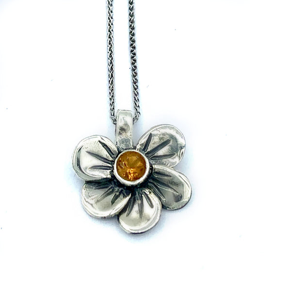 flower necklace, citrine silver pendant, poppy flower necklace 