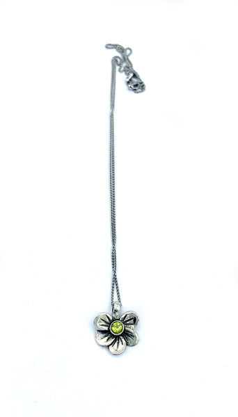 flower necklace, peridot silver pendant, poppy flower necklace 