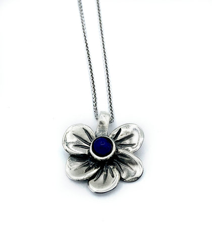 flower necklace, blue lapis silver pendant, poppy flower necklace 