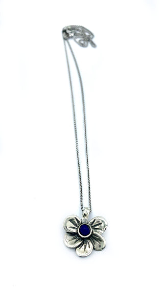 flower necklace, blue lapis silver pendant, poppy flower necklace 