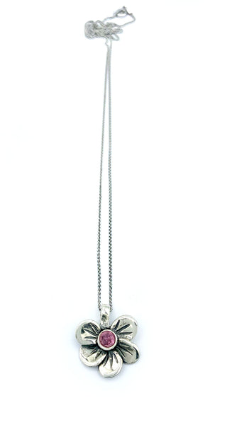 flower pendant, pink tourmaline silver necklace, poppy flower necklace 