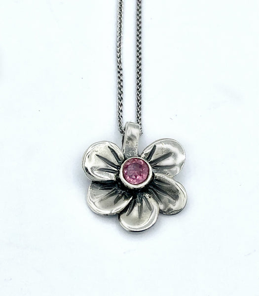 flower pendant, pink tourmaline silver necklace, poppy flower necklace 