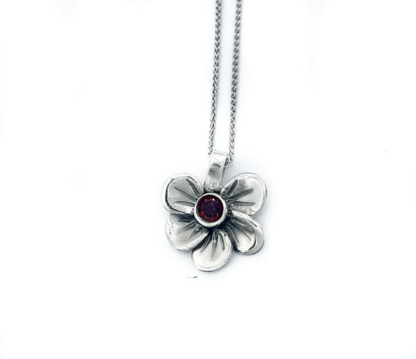 flower pendant, red garnet silver necklace, poppy flower necklace 