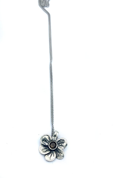 silver flower pendant, smoky quartz necklace, poppy flower necklace 