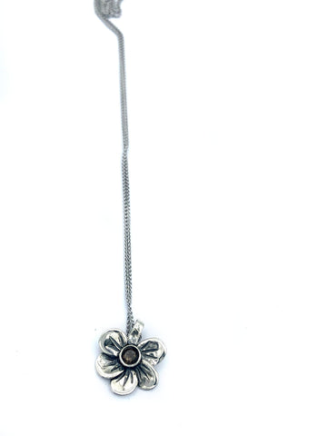 silver flower pendant, smoky quartz necklace, poppy flower necklace 