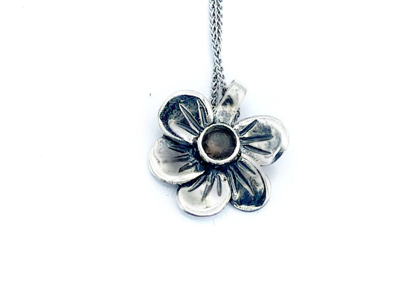 silver flower pendant, smoky quartz necklace, poppy flower necklace 