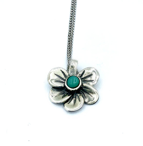silver flower pendant, turquoise pendant, poppy flower necklace 