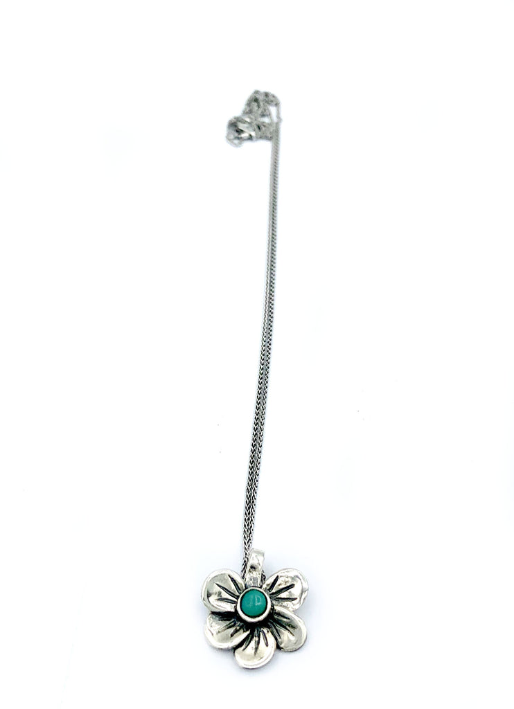 silver flower pendant, turquoise pendant, poppy flower necklace 