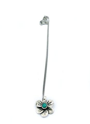 silver flower pendant, turquoise pendant, poppy flower necklace 