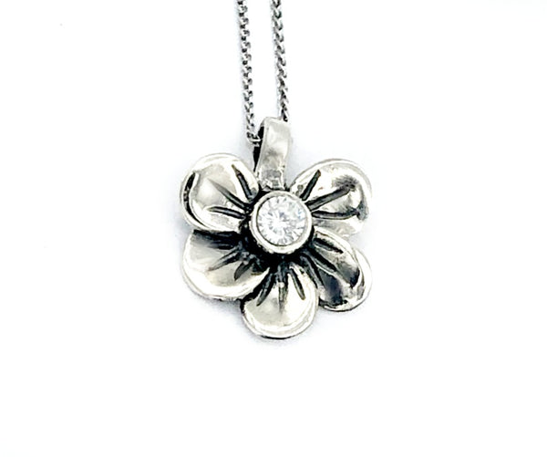 silver flower pendant, zircon pendant, poppy flower necklace 