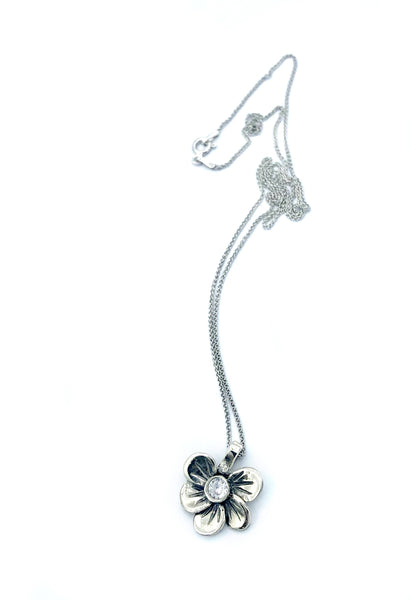 silver flower pendant, zircon pendant, poppy flower necklace 
