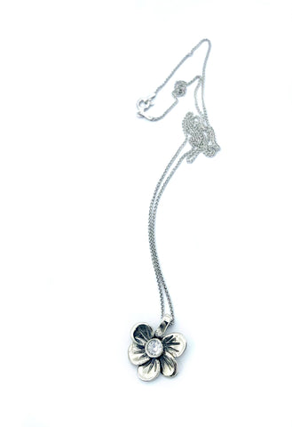 silver flower pendant, zircon pendant, poppy flower necklace 