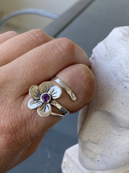 poppy flower ring, amethyst silver ring, silver ring adjustable 