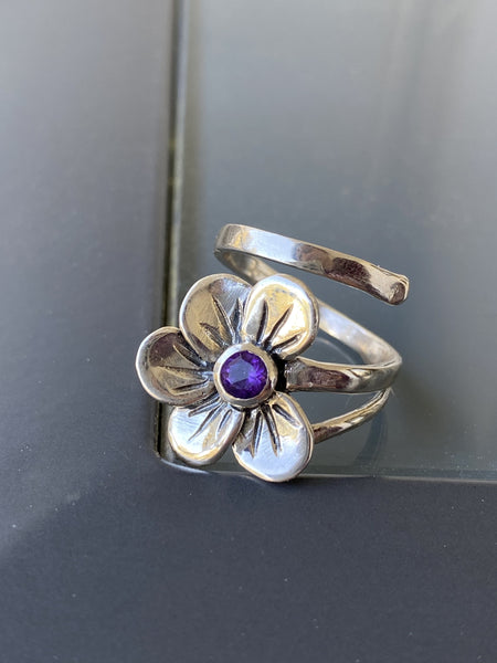 poppy flower ring, amethyst silver ring, silver ring adjustable 