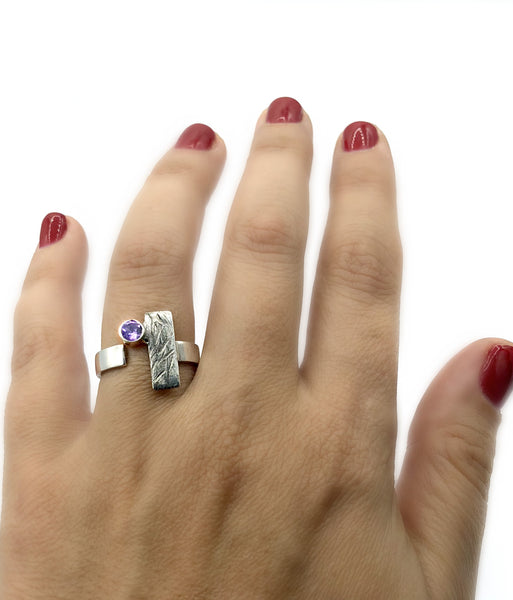 Amethyst ring, February birthstone ring, geometric ring, rectangle ring 