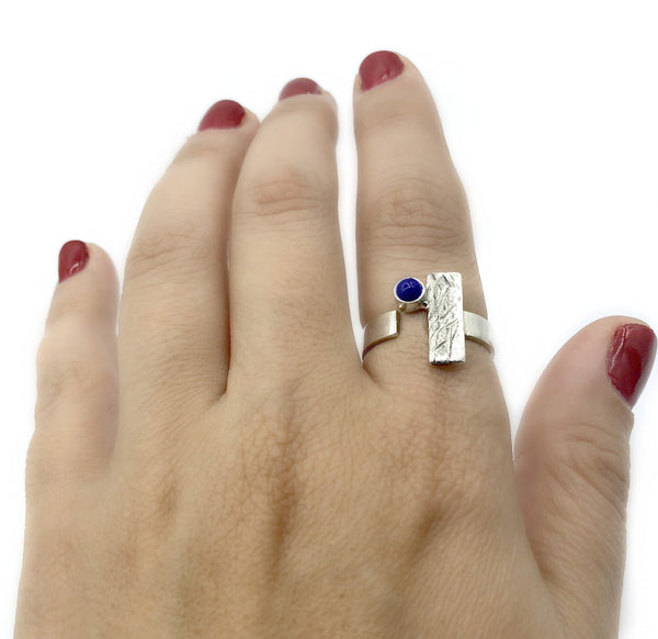blue lapis ring, geometric ring, blue stone ring, rectangle silver ring 
