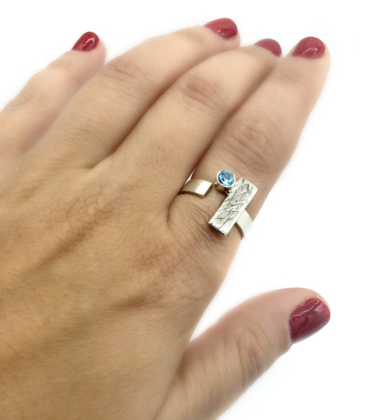 Blue topaz ring, November birthstone ring, geometric silver ring 