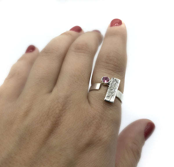 pink tourmaline ring, silver geometric ring, pink stone ring 