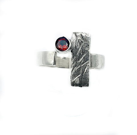 red garnet ring, silver geometric ring, rectangle ring 