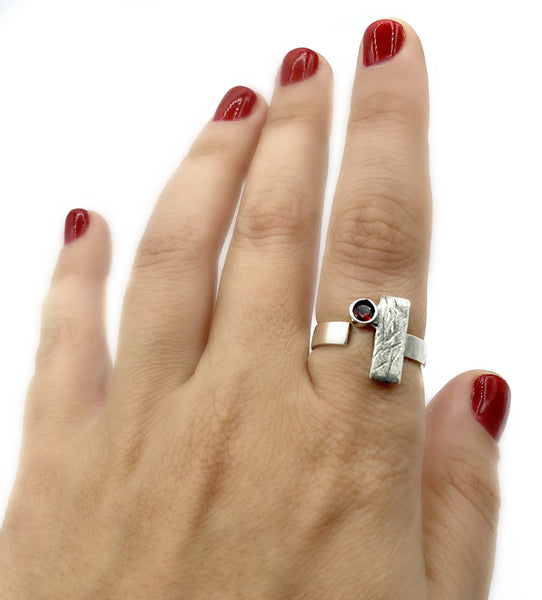 red garnet ring, silver geometric ring, rectangle ring 