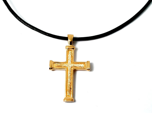 Men's gold cross necklace with leather cord 