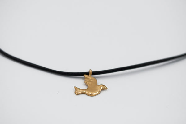 gold dove pendant, gold bird charm, leather cord bird charm necklace 