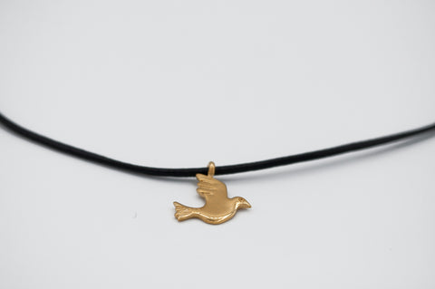 gold dove pendant, gold bird charm, leather cord bird charm necklace 