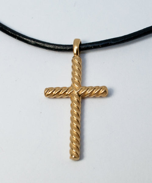 Gold rope silver cross necklace with leather cord,rope silver cross, gold plated silver cross pendant 