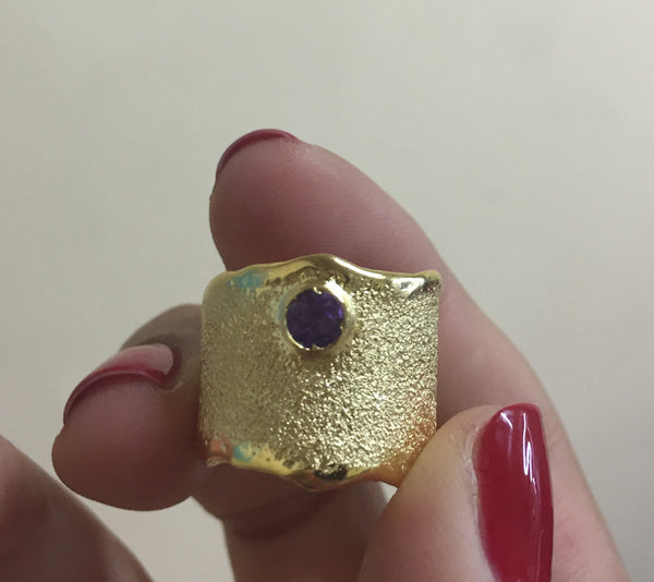 Gold plated Amethyst Wide Silver ring, Amethyst Solitaire ring foster texture 