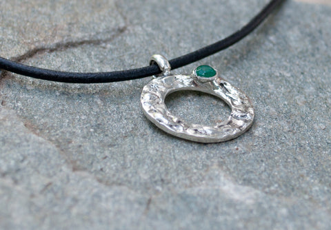 green agate silver pendant, karma pendant, geometric circle pendant, green stone pendant 