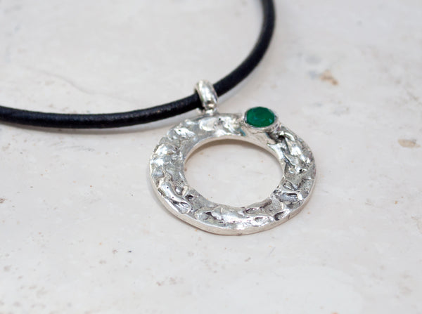 green agate silver pendant, karma pendant, geometric circle pendant, green stone pendant 