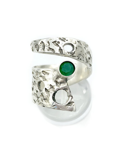 Abstract silver ring, green agate ring, silver adjustable ring, modern ring 
