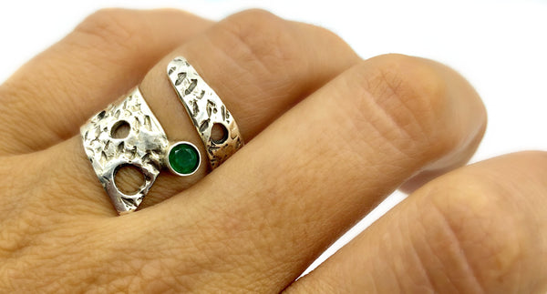 Abstract silver ring, green agate ring, silver adjustable ring, modern ring 